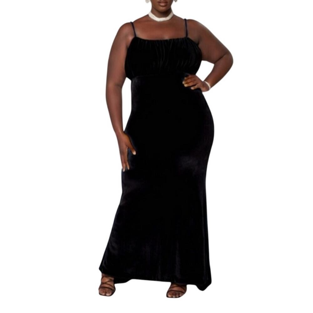 Zelie For She Blouson Maxi Dress Velour Stretch Sleeveless Black W Plus 1X NWOT